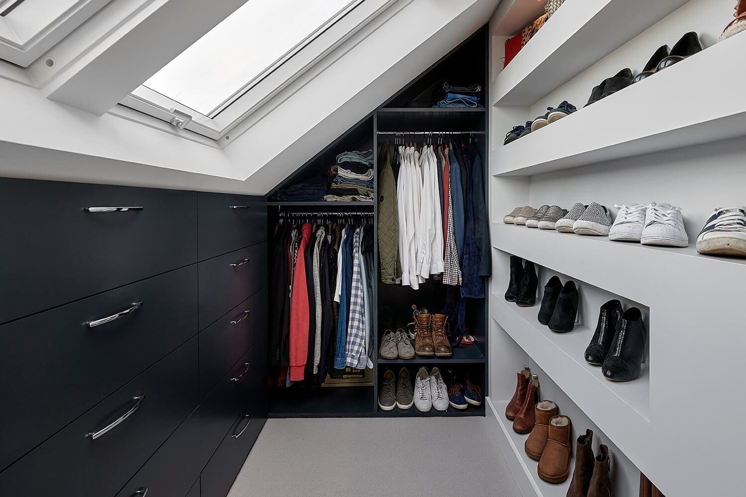 small hip and gable rear loft conversion with a walk-in wardrobe and storage shelf