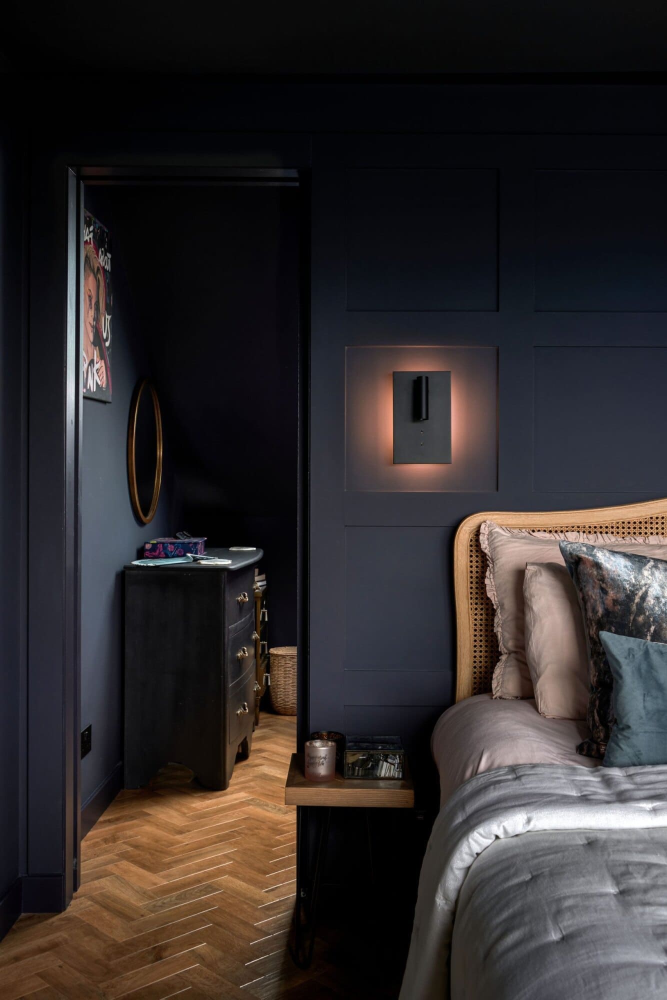 dark mid-century modern loft conversion bedroom located in richmond upon thames