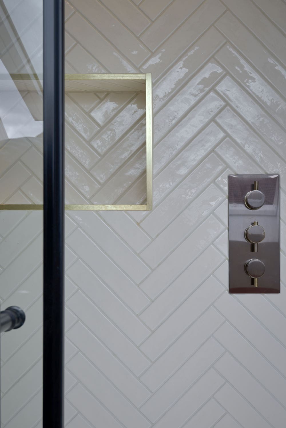 loft shower white tiling in mid-century en-suite bathroom
